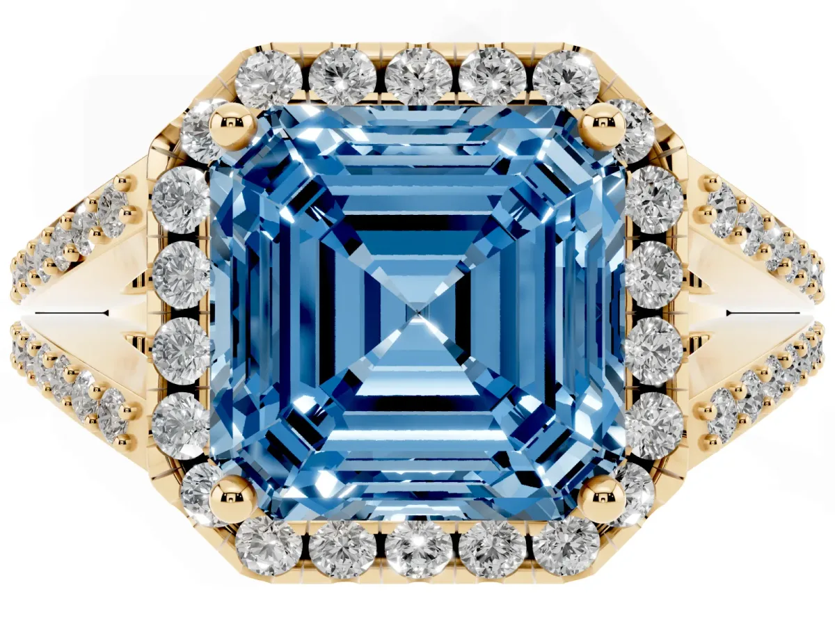 Fancy Blue Asscher Cut Halo Split Shank Diamond Ring with Prong Setting Yellow gold