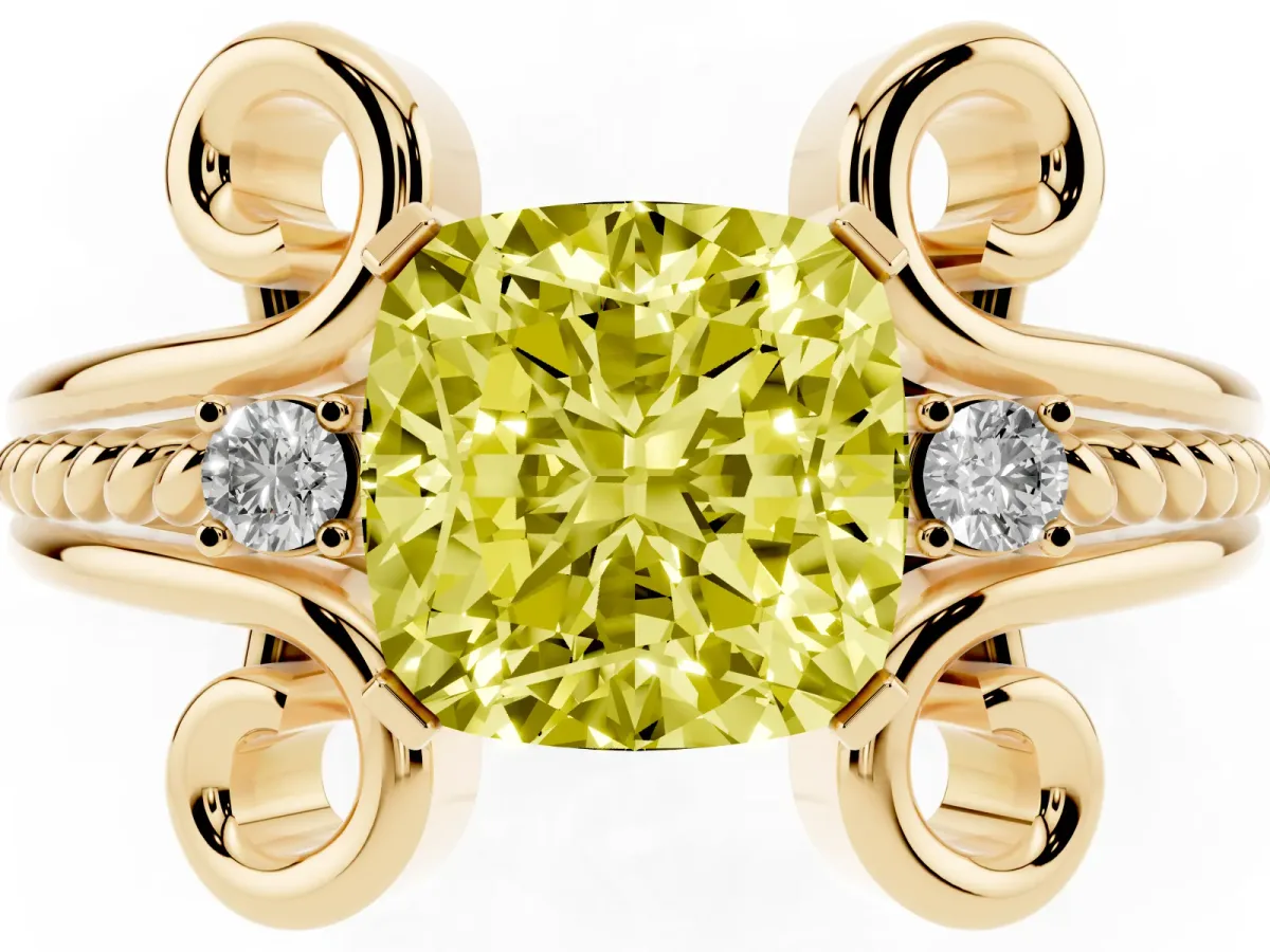 Fancy Yellow Cushion Cut Solitaire Twisted Band Scroll Prong Ring Yellow gold