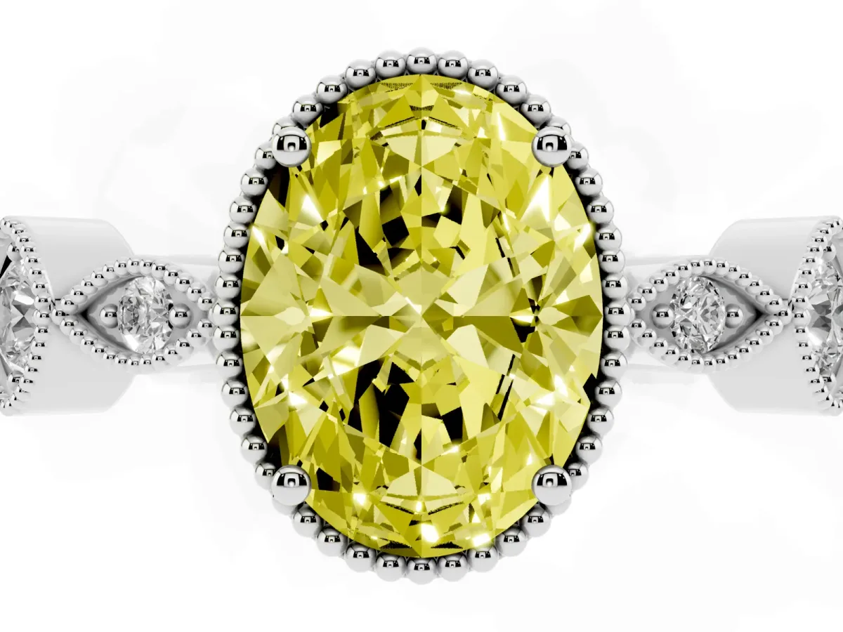 Fancy Yellow Oval Cut Diamond Vintage Milgrain Ring with Round Stations Silver