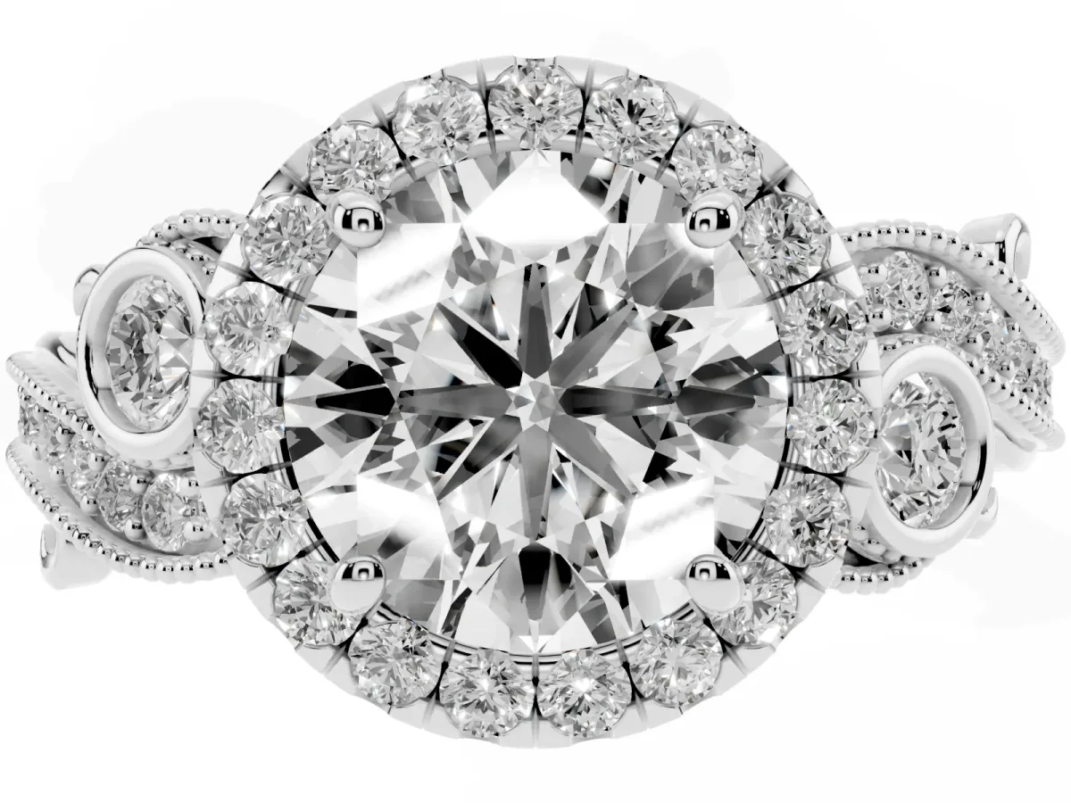 Round Cut Halo Diamond Ring with Milgrain and Bezel Accents on a Split Shank Band White gold
