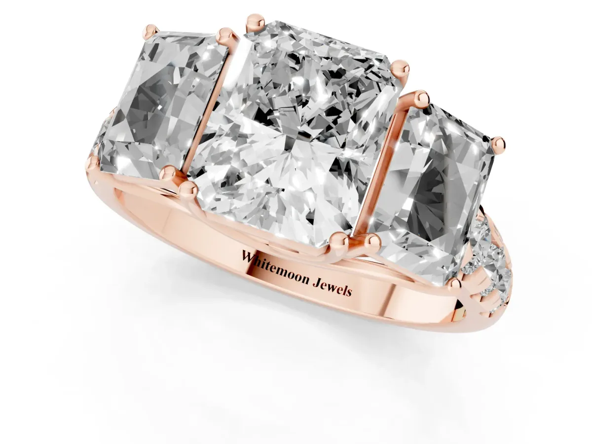 Three-Stone Radiant Cut Diamond Pavé Band with Prong Setting Rose gold