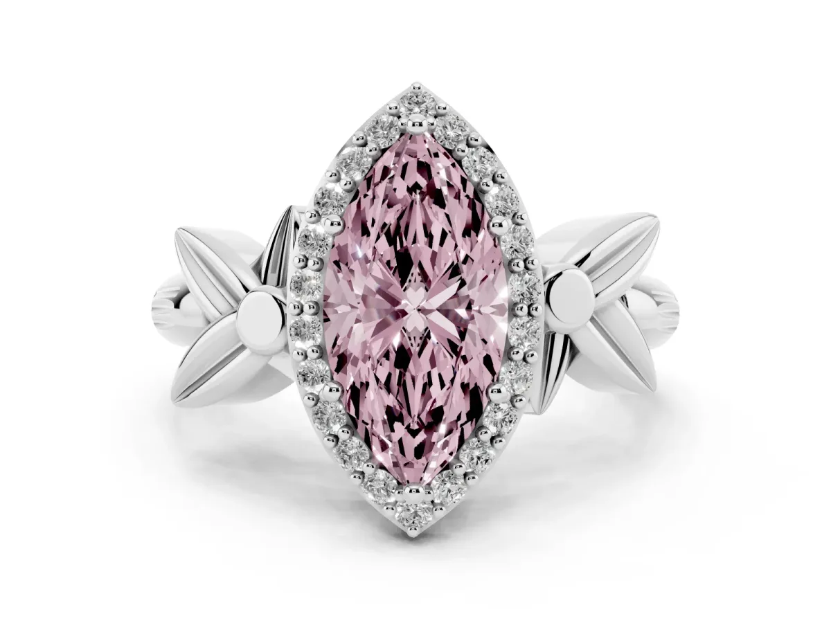 Fancy Pink Marquise Cut Halo Diamond Floral Band with Four-Prong Setting Silver