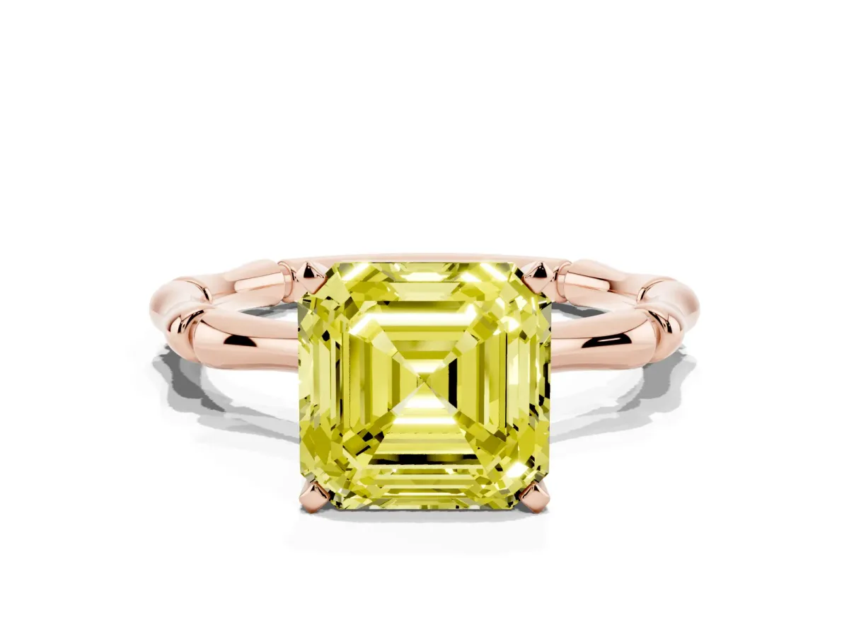 Fancy Yellow Asscher Cut Solitaire Diamond Ring with Bamboo Band and Four-Prong Setting Rose gold