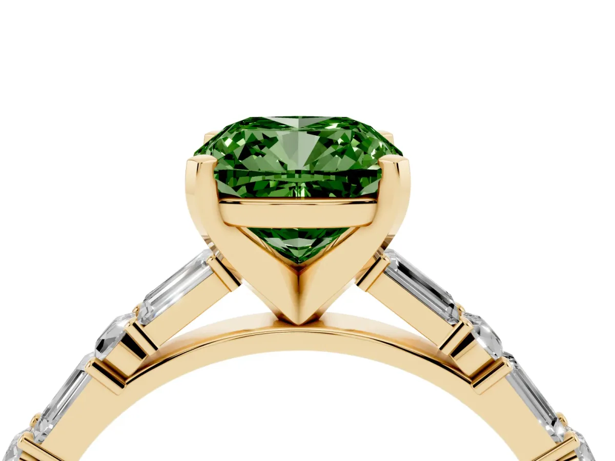 Fancy Green Cushion Cut Diamond Solitaire with Side Baguettes and Channel Set Band Yellow gold