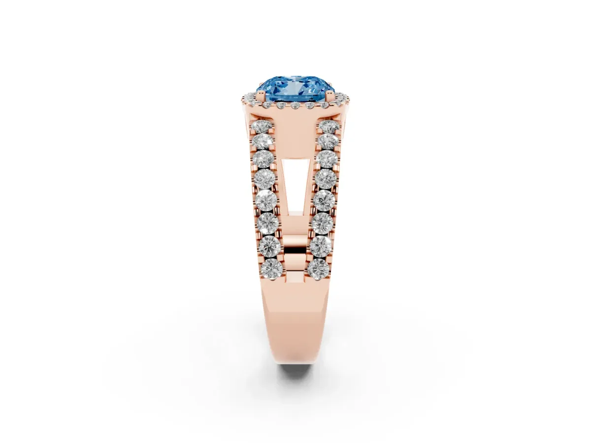 Fancy Blue Cushion Cut Cut Halo Split Shank Diamond Ring with Four-Prong Setting Rose gold