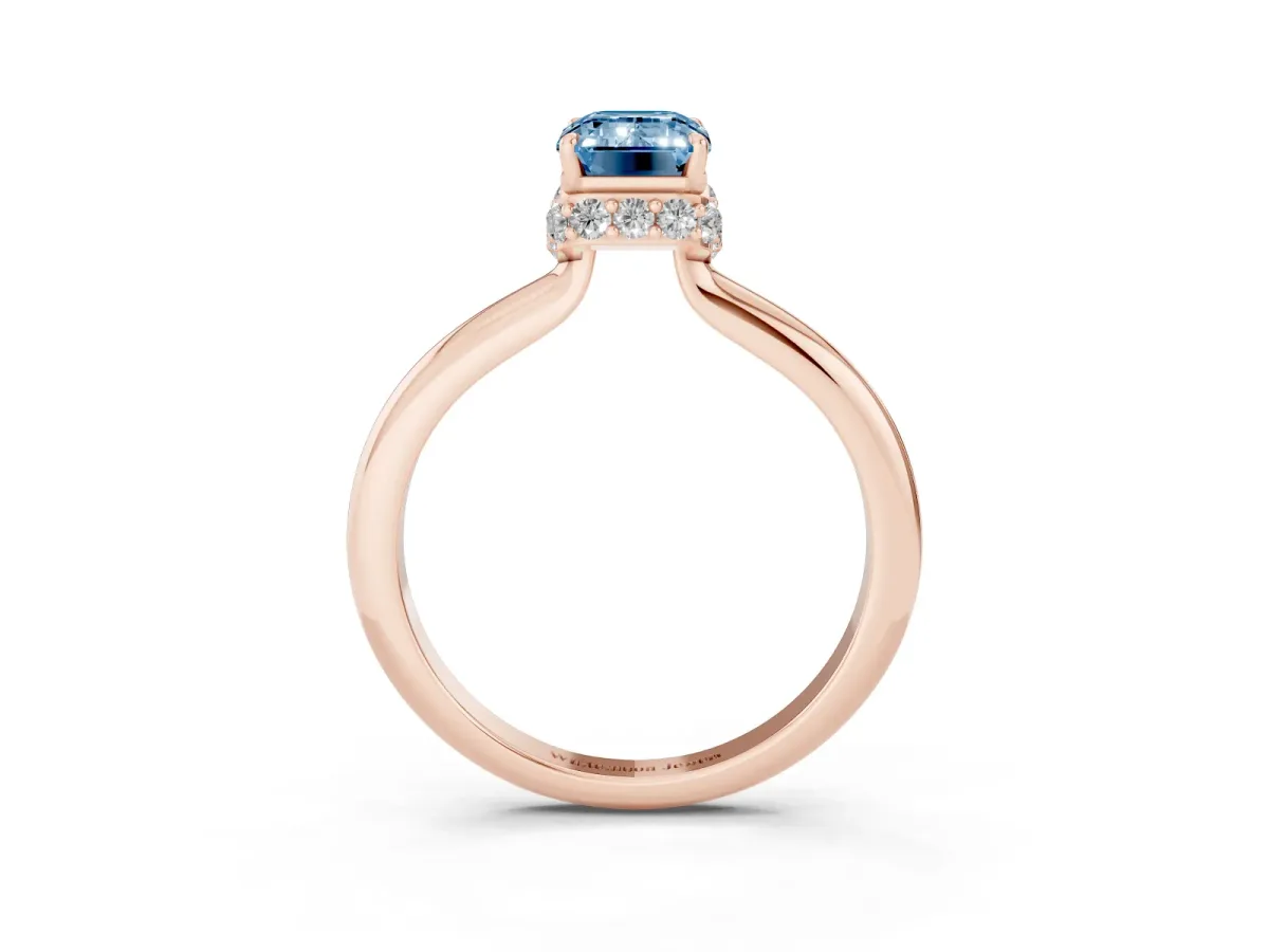 Fancy Blue Emerald Cut Brilliant Solitaire Engagement Ring with Six-Prong Setting and Classic Band Rose gold