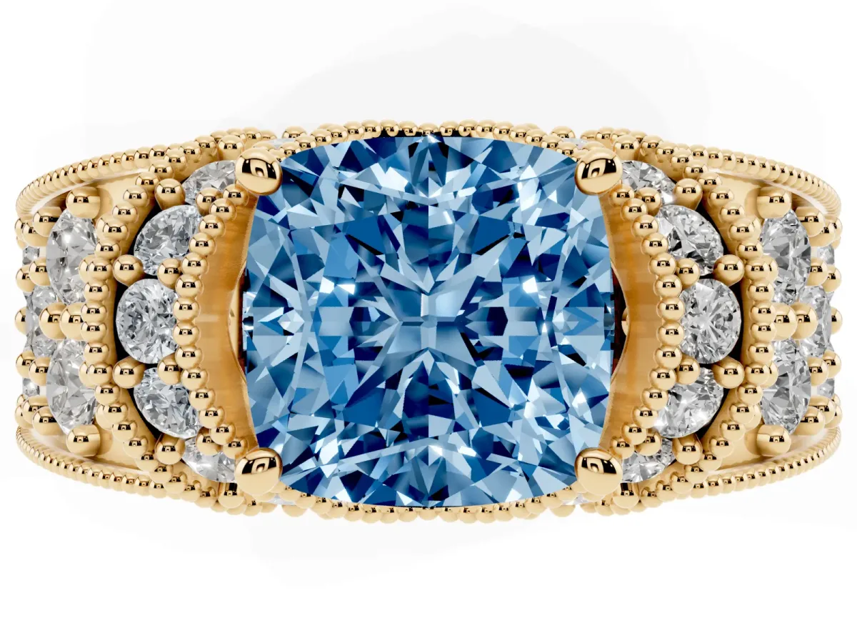 Fancy Blue Cushion Cut Halo Pave Diamond Engagement Ring with Milgrain Detailing Yellow gold