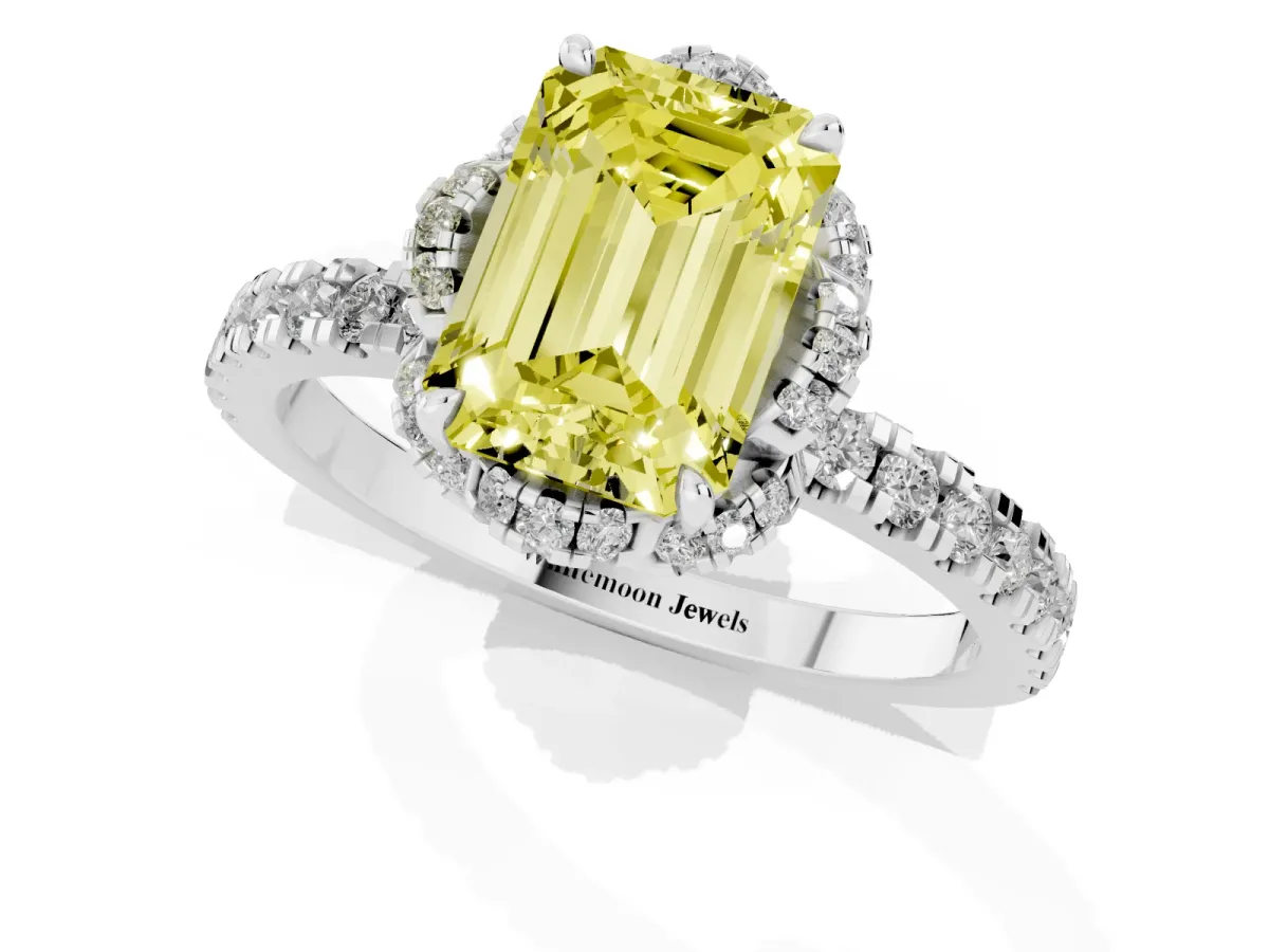 Fancy Yellow Emerald Cut Diamond Halo Pave Band with Four-Prong Setting Silver