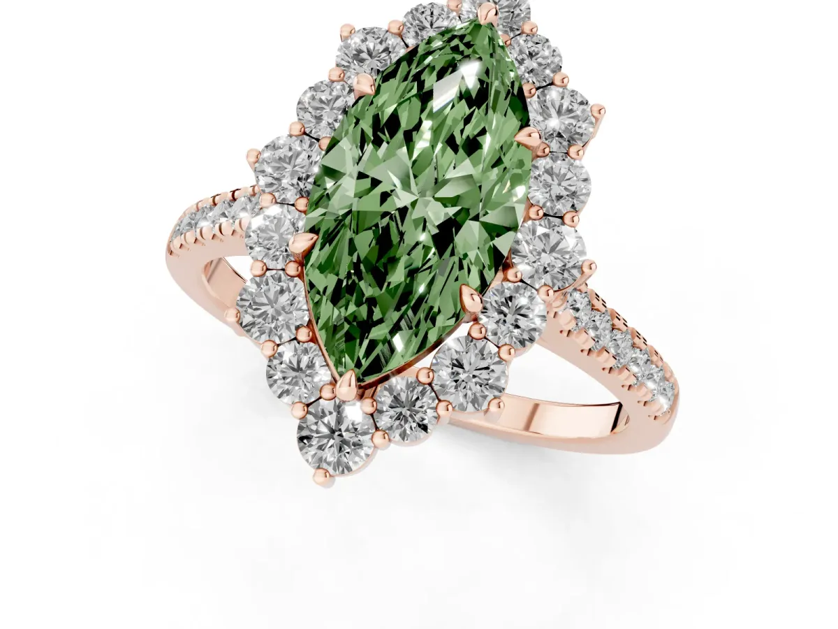 Fancy Green Marquise Cut Halo Diamond Ring with Pavé Band and Prong Setting Rose gold