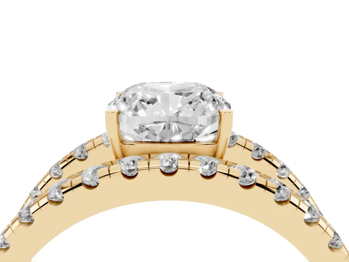 Cushion Cut Solitaire Split Shank Pave Diamond Ring Yellow gold