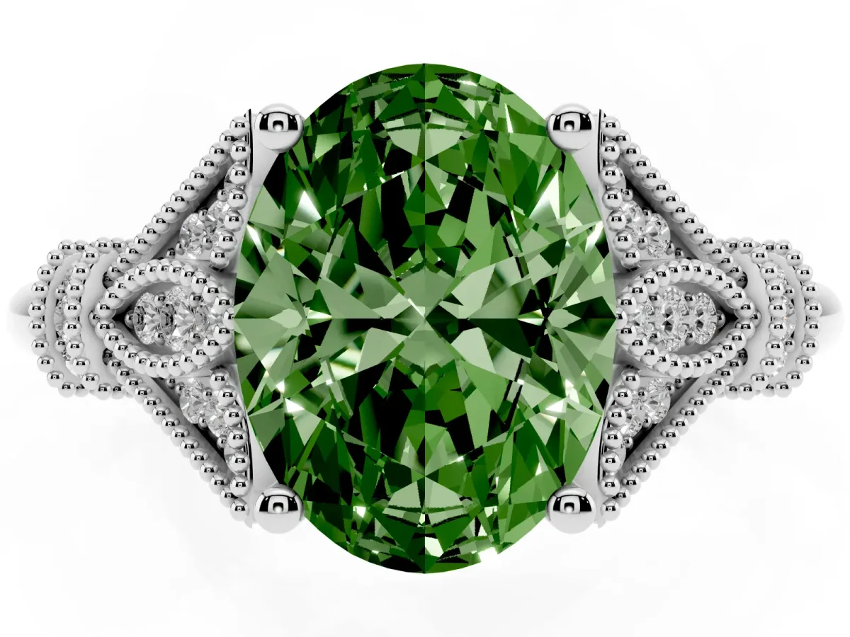 Fancy Green Oval Cut Diamond Solitaire Ring with Floral Filigree and Pave Accents Silver