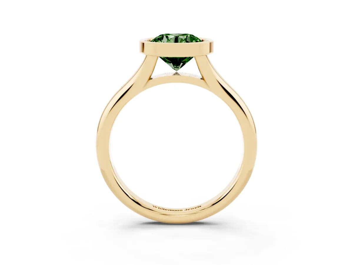 Fancy Green Bezel Set Round Cut Solitaire Diamond Ring with Smooth Band Yellow gold