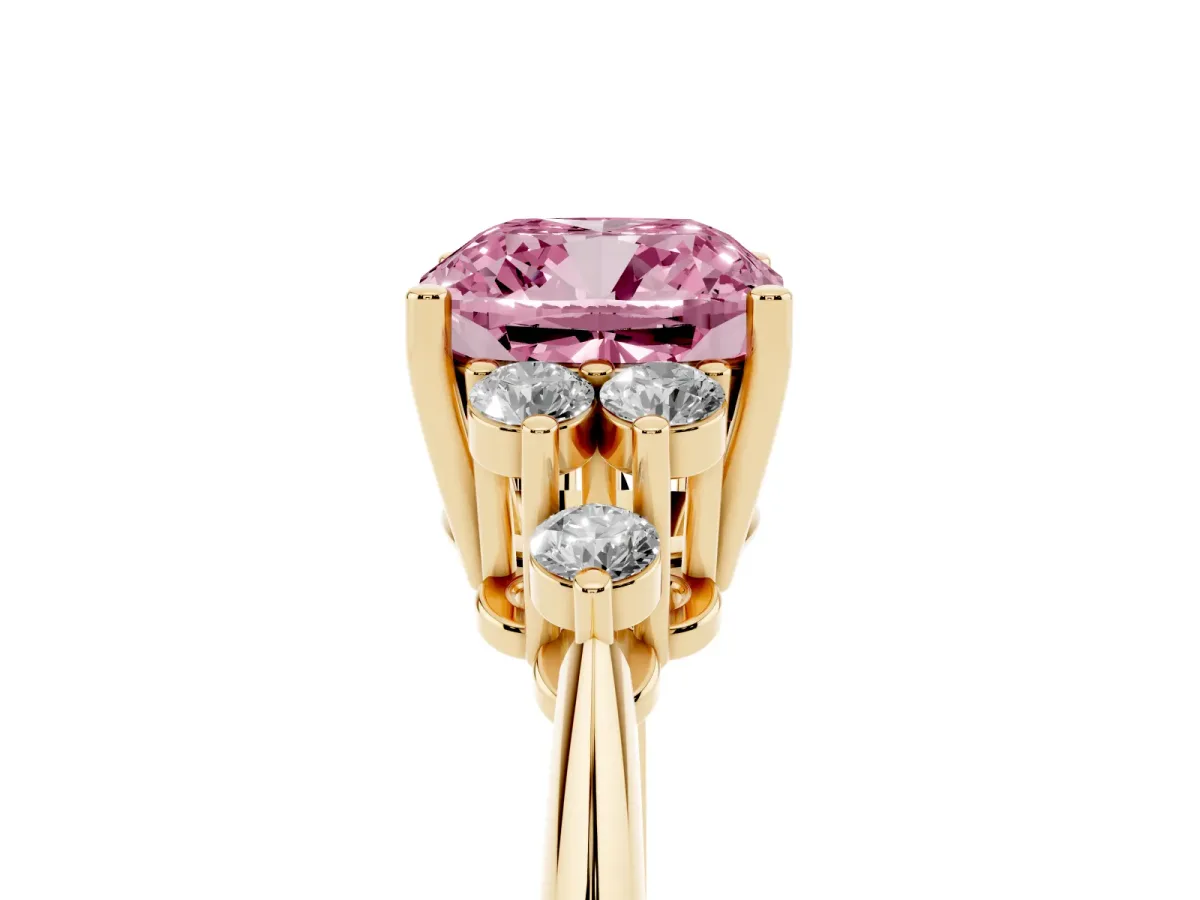 Fancy Pink Cushion Cut Cut Diamond Cluster Ring with Solitaire Band and Four-Prong Setting Yellow gold