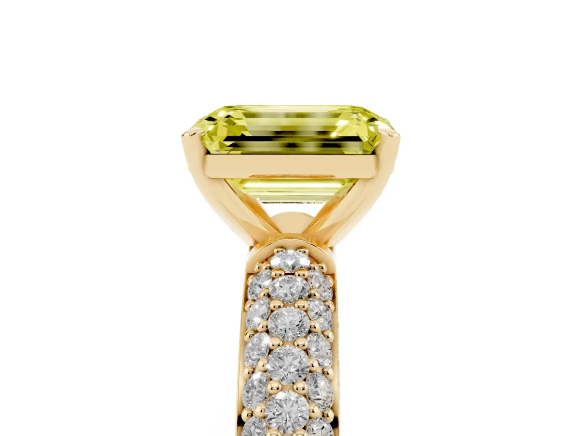 Fancy Yellow Emerald Cut Diamond Solitaire Ring with Prong Setting and Pavé Band Yellow gold