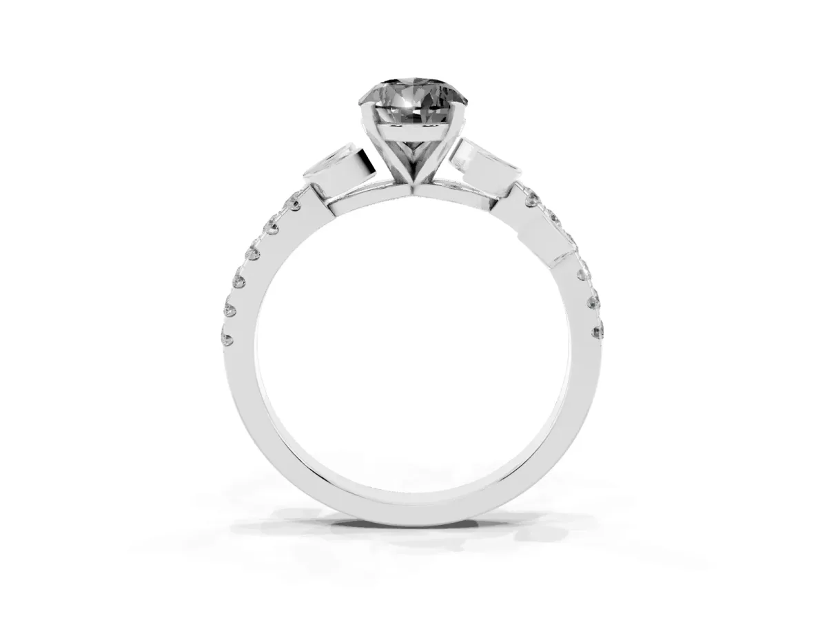 Fancy Black Pear Cut Solitaire Leaf-Inspired Diamond Ring with Pavé Band and Four-Prong Setting Silver