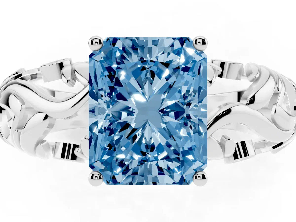 Fancy Blue Radiant Cut Solitaire Diamond Leaf-Inspired Vine Band Ring with Prong Setting Silver