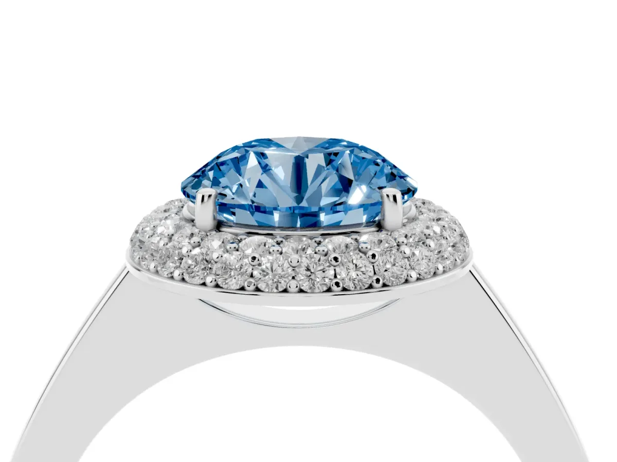 Fancy Blue Round Cut Halo Diamond Engagement Ring with Solitaire Band and Four-Prong Setting Silver
