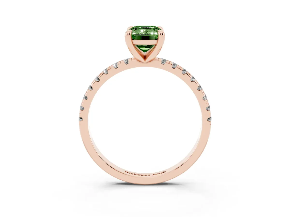 Fancy Green Emerald Cut Diamond Brilliant Solitaire Ring with Pavé Band and Four-Prong Setting Rose gold