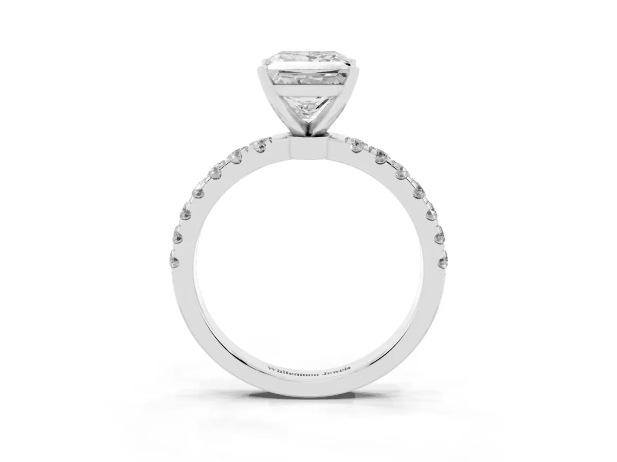 Princess Cut Diamond Solitaire Ring with Pavé Accents and Four-Prong Setting Silver