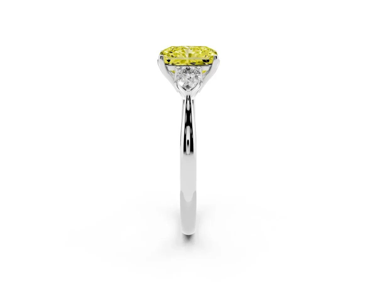 Fancy Yellow Radiant Cut Diamond Three-Stone Ring with Pear Side Stones and Prong Setting Silver