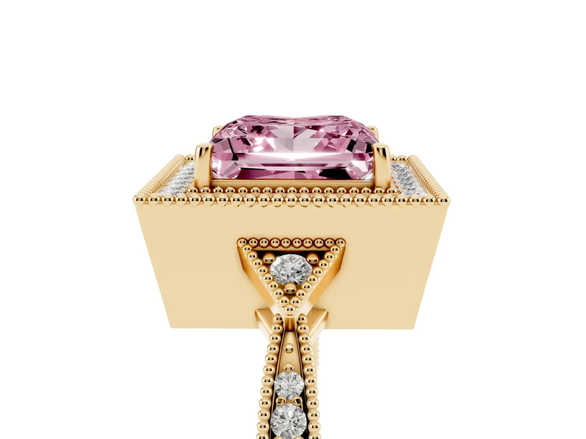 Fancy Pink Princess Cut Halo Round Diamond Milgrain Pave Engagement Ring Yellow gold