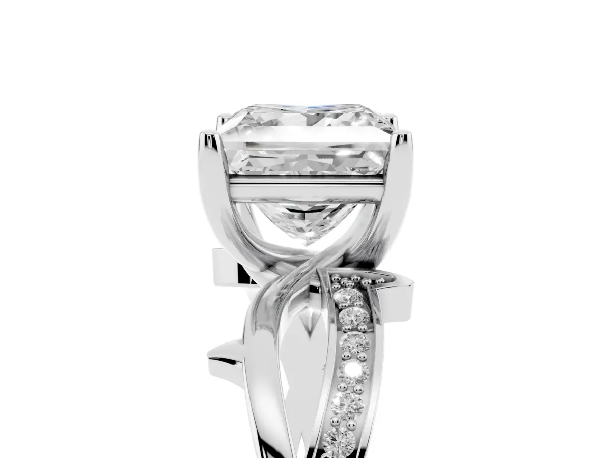 Princess Cut Solitaire Twist Band with Pavé Accents and Four-Prong Setting White gold