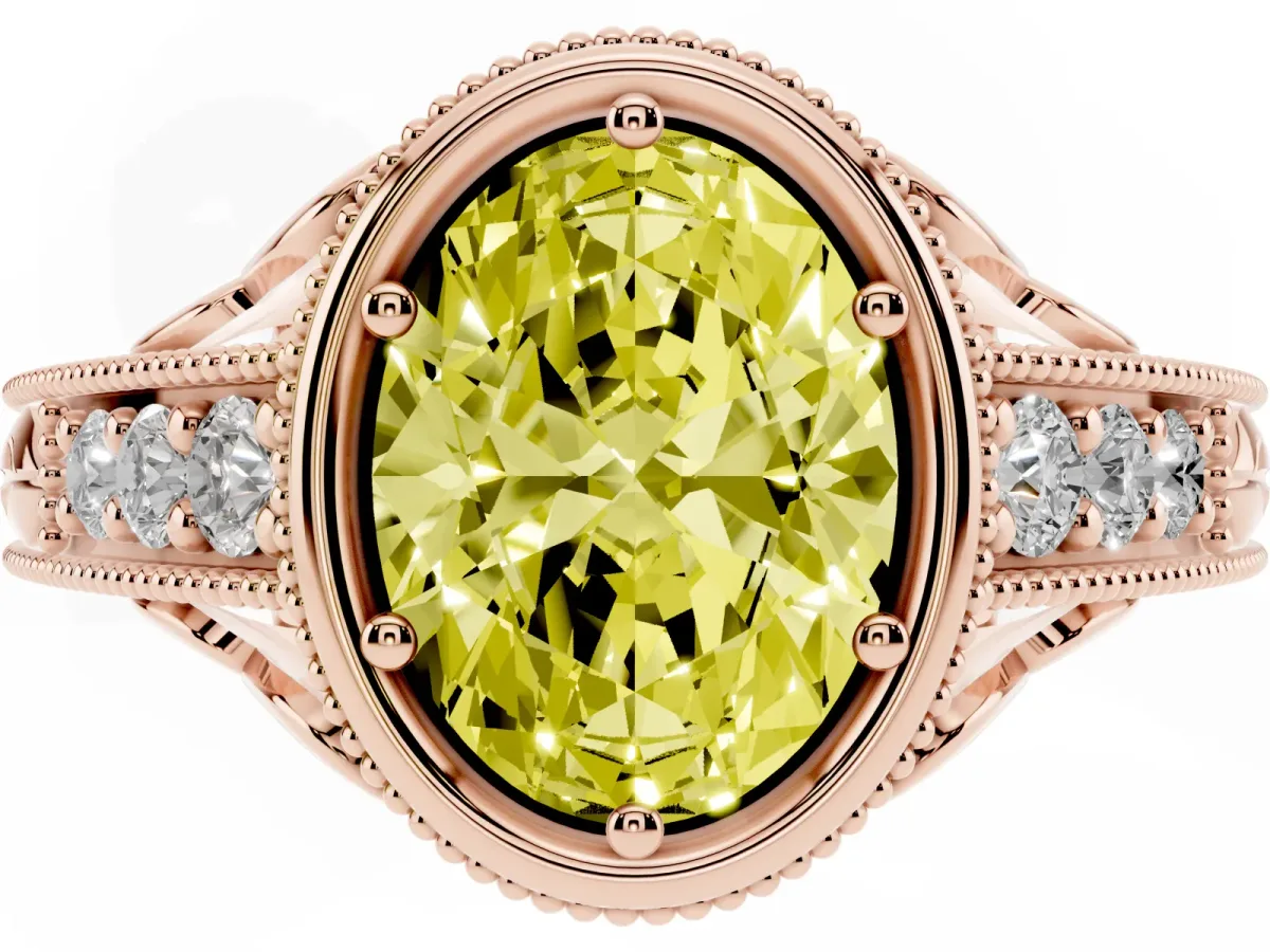 Fancy Yellow Bezel Set Oval Cut Diamond Milgrain Pave Engagement Ring Rose gold
