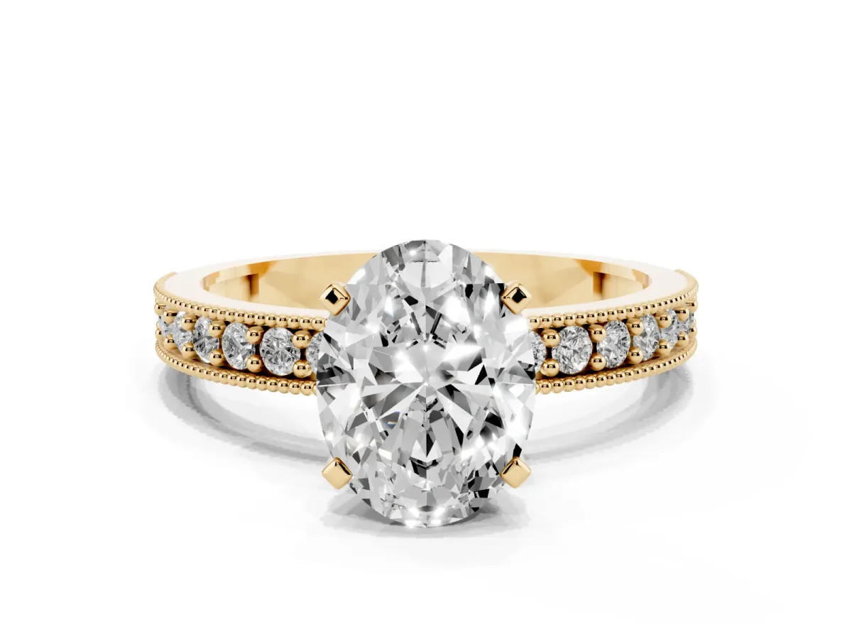 Oval Cut Diamond Milgrain Pavé Engagement Ring with Four-Prong Setting Yellow gold