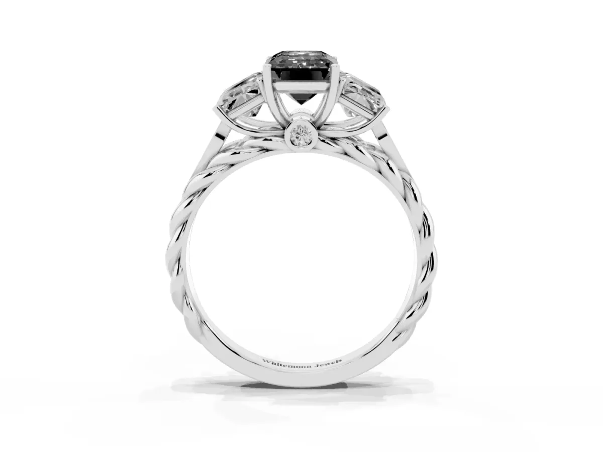 Fancy Black Three-Stone Emerald Cut Diamond Braided Band Ring with Four-Prong Setting Platinum