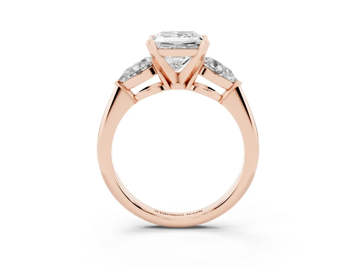 Three-Stone Princess Cut Diamond Ring with Pear Side Stones and Four-Prong Setting Rose gold