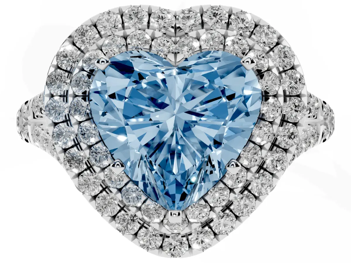Fancy Blue Double Halo Heart Cut Diamond Split Shank Engagement Ring with Four-Prong Setting Silver