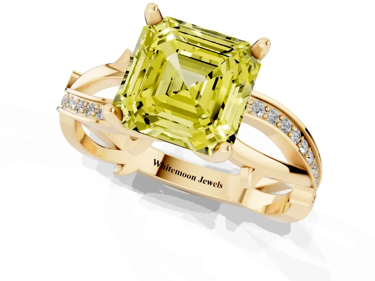 Fancy Yellow Asscher Cut Solitaire Twist Band with Pavé Accents and Four-Prong Setting Yellow gold
