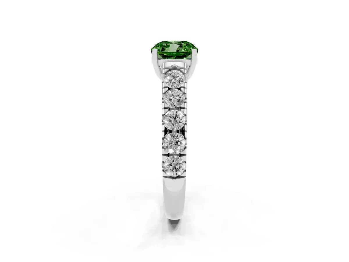 Fancy Green Cushion Cut Cut Diamond Solitaire Ring with Micro Pave Band and Prong Setting Silver