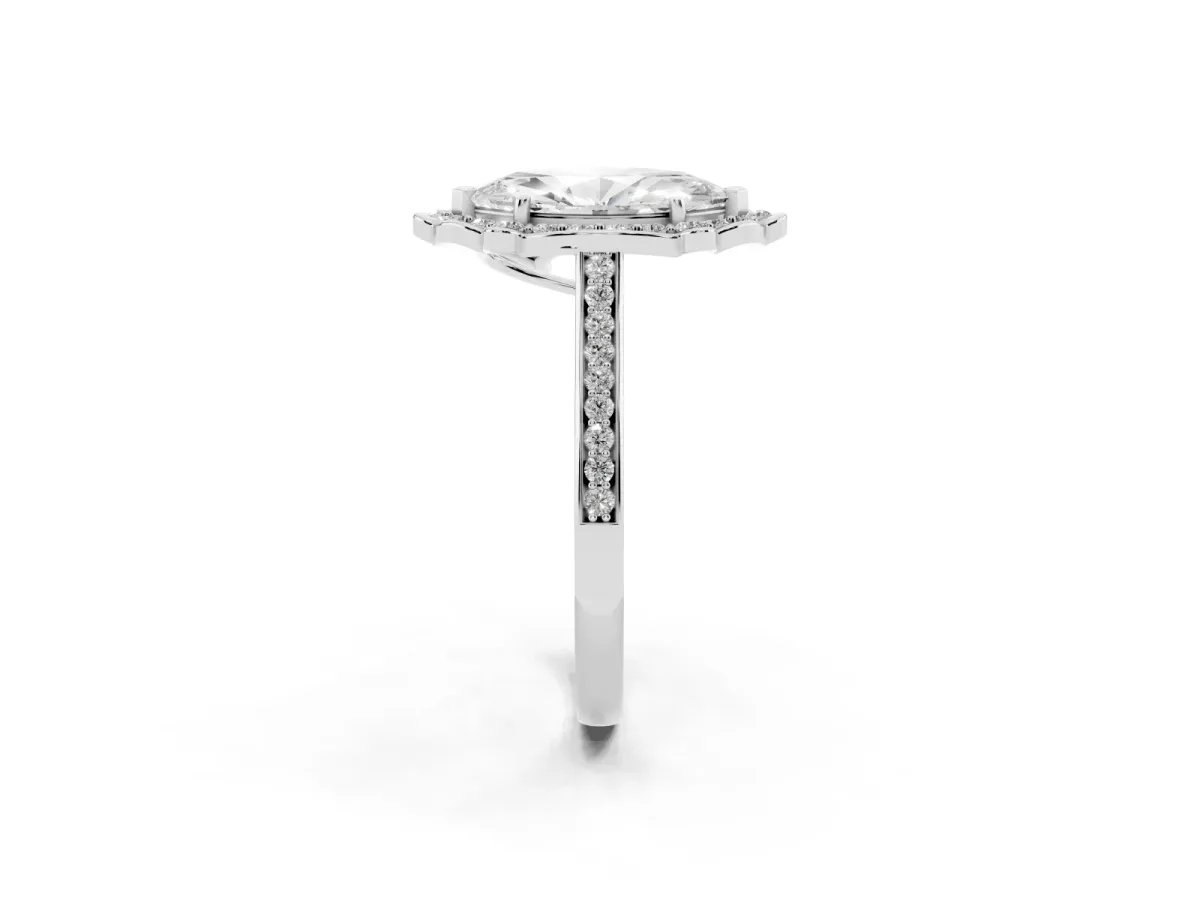 Marquise Cut Halo Round Diamond Pave Band with Four-Prong Setting Silver