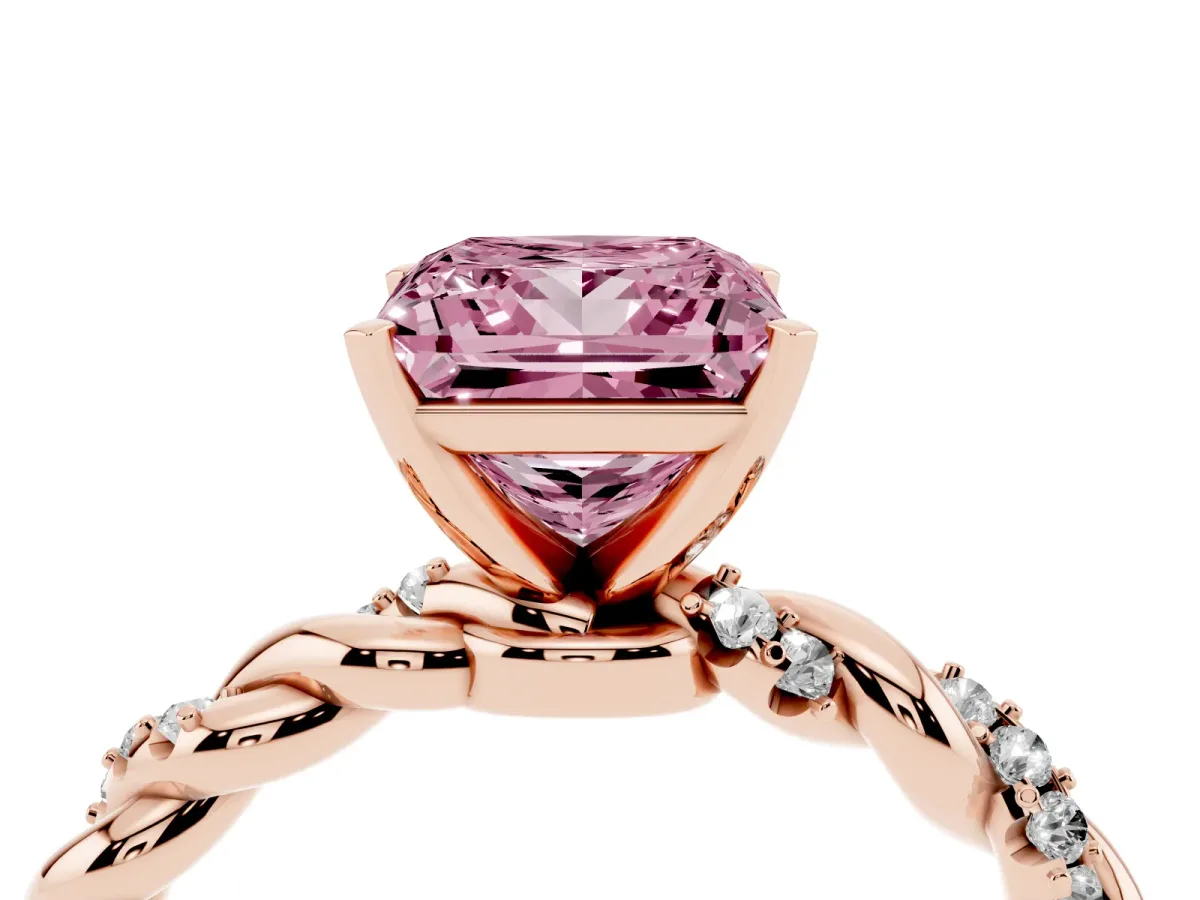 Fancy Pink Princess Cut Diamond Solitaire Ring with Twisted Band and Pavé Accents Rose gold