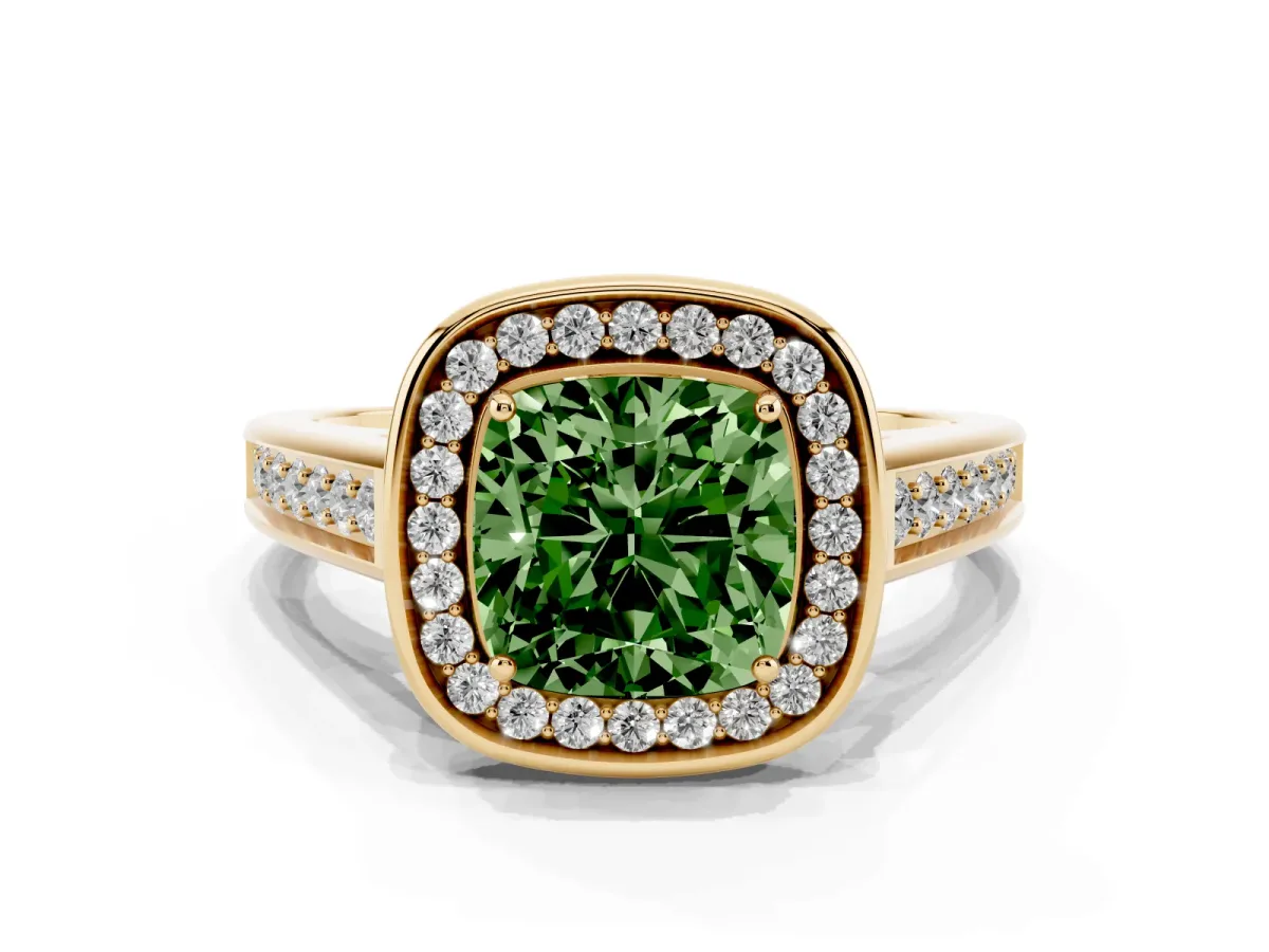 Fancy Green Cushion Cut Halo Solitaire Diamond Ring with Pave Band and Bezel Setting Yellow gold
