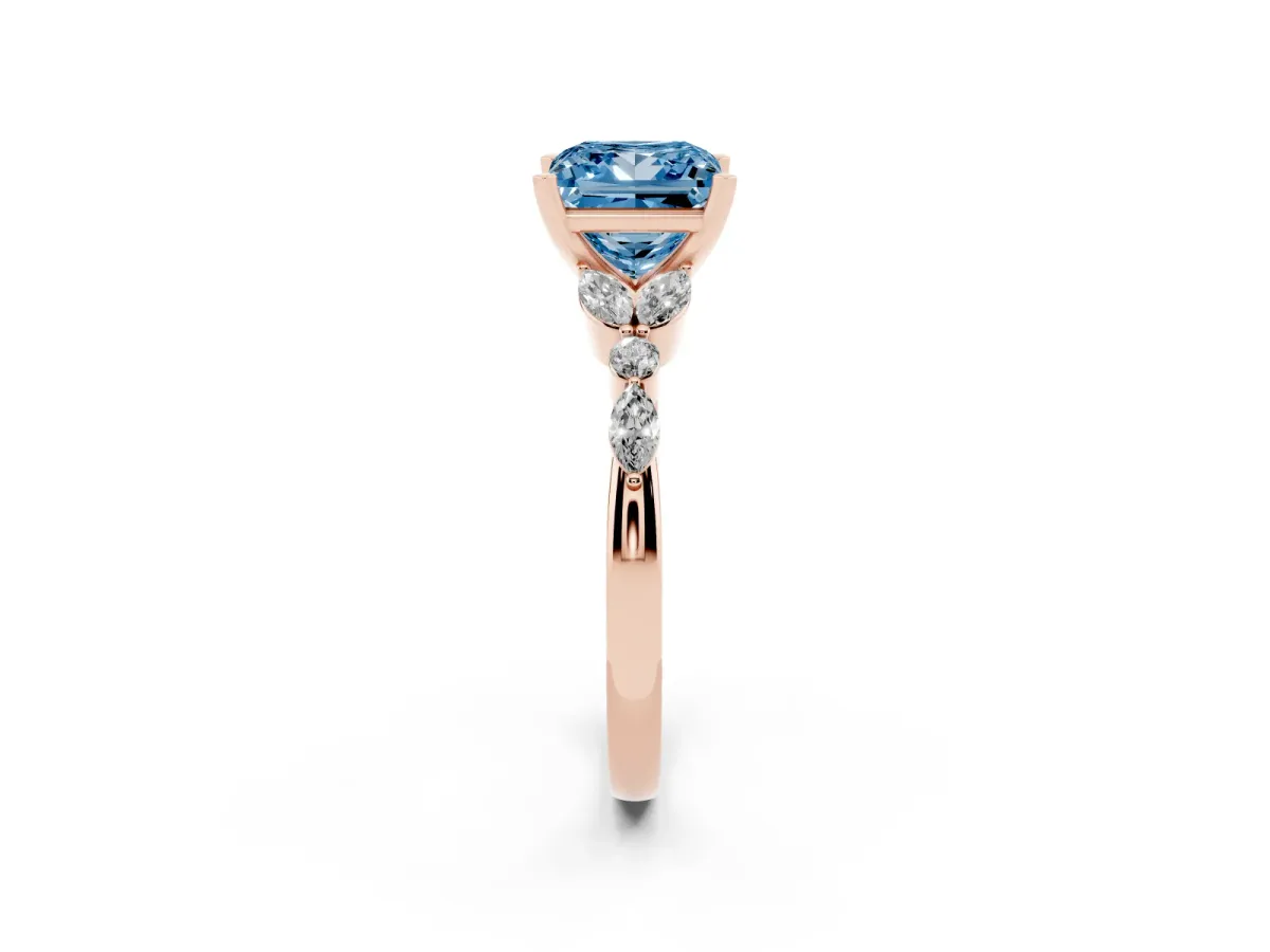Fancy Blue Princess Cut Diamond Solitaire Ring with Side Stones and Four-Prong Setting Rose gold