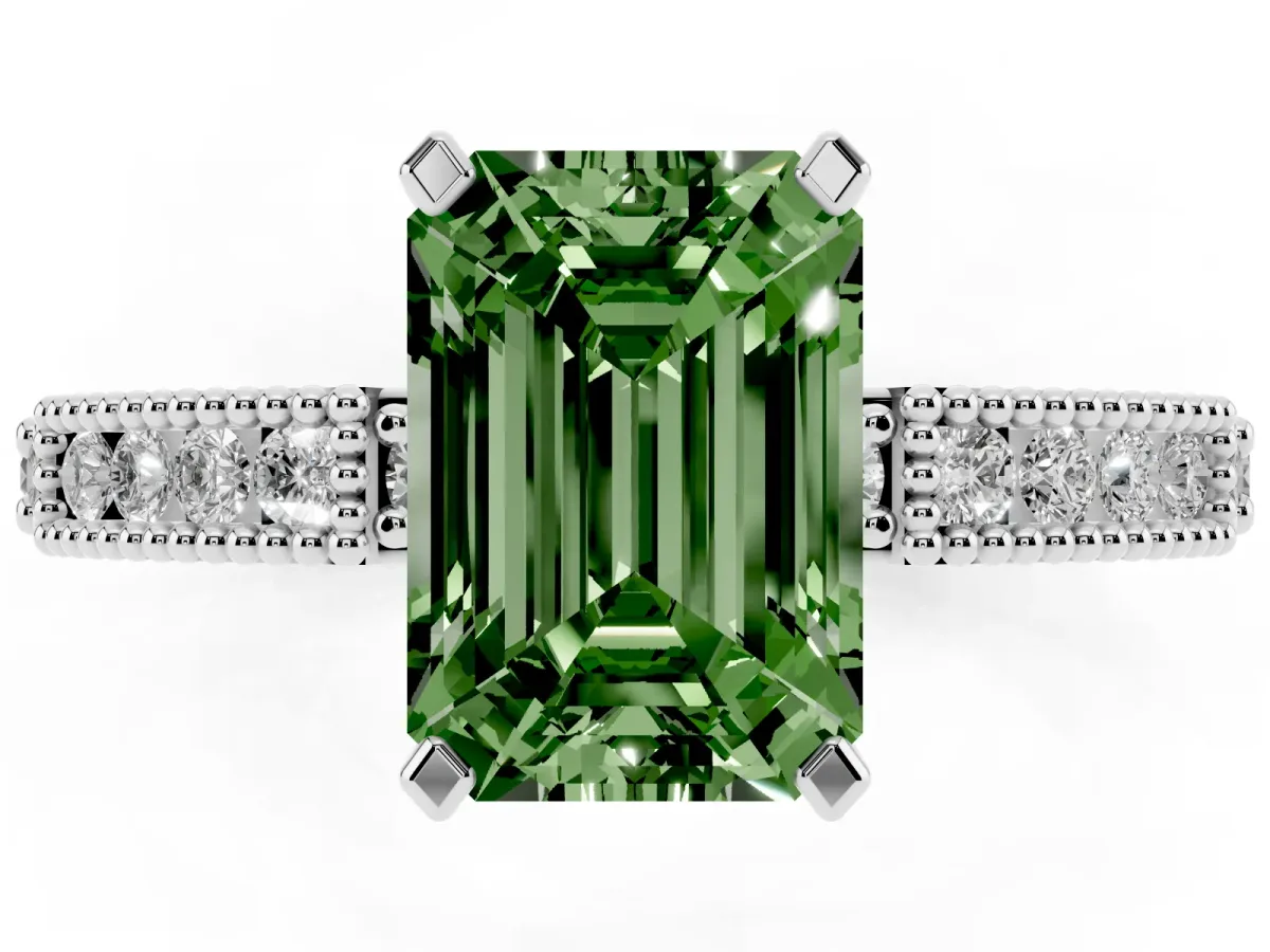 Fancy Green Emerald Cut Solitaire with Pavé Band and Four-Prong Setting Silver