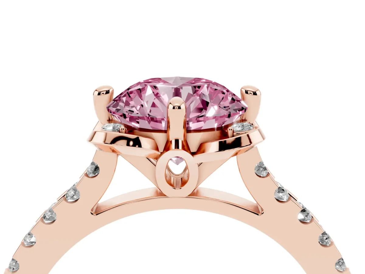 Fancy Pink Round Cut Diamond Ring with Pavé Band and Floral Prong Setting Rose gold