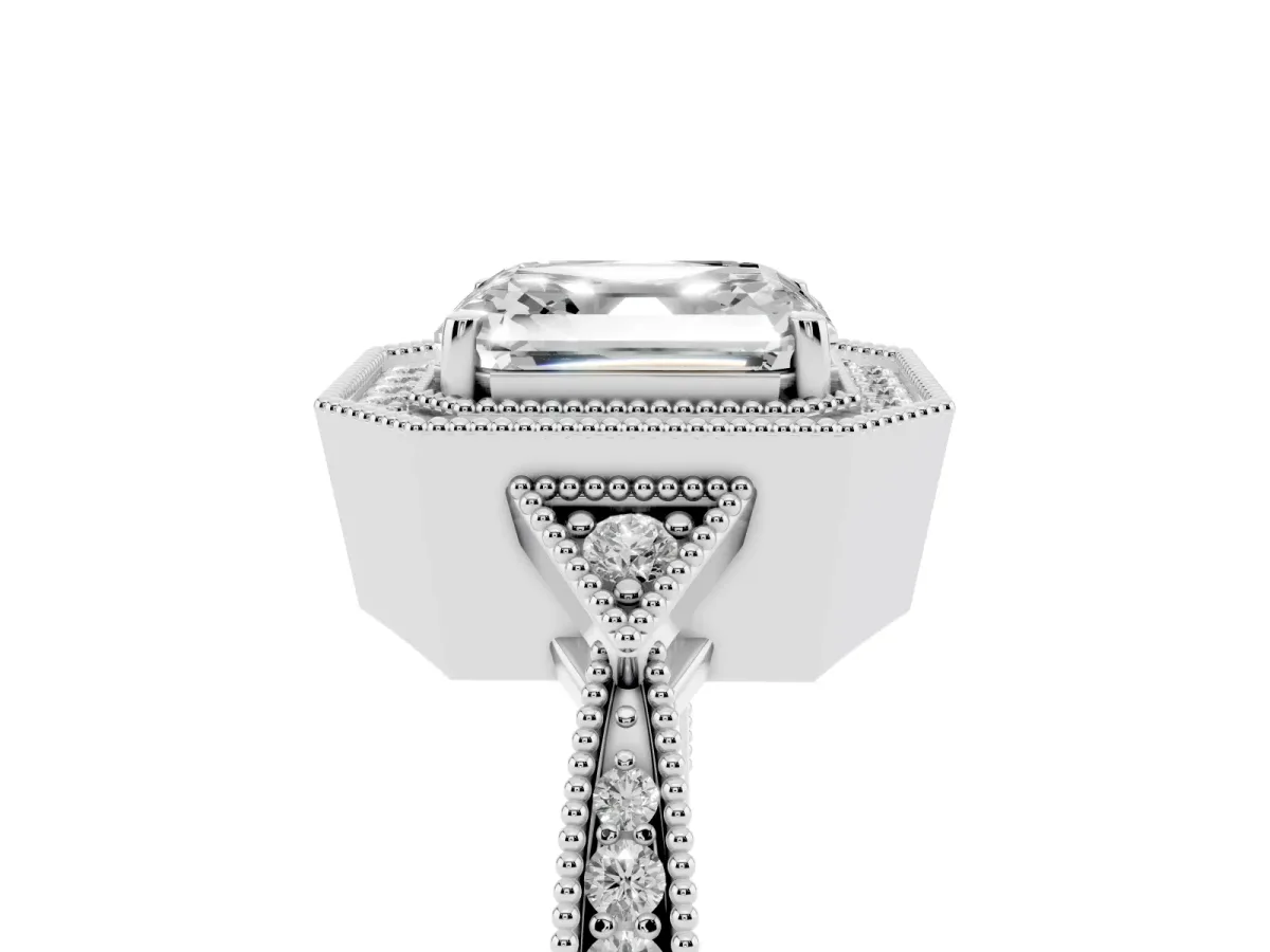 Asscher Cut Halo Round Diamond Milgrain Pave Engagement Ring Silver