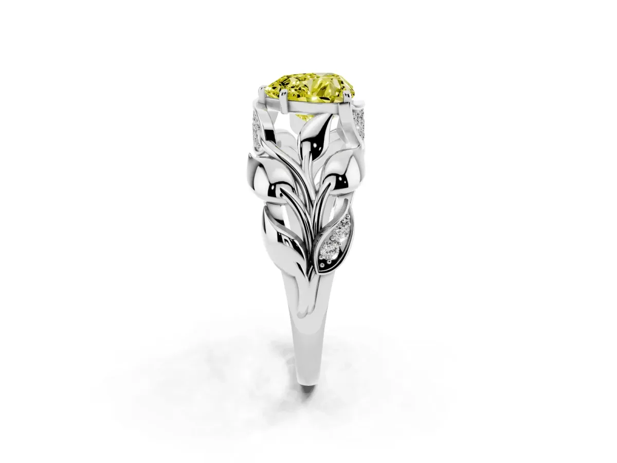 Fancy Yellow Heart Cut Diamond Leaf-Inspired Engagement Ring with Round Accents and Prong Setting Silver