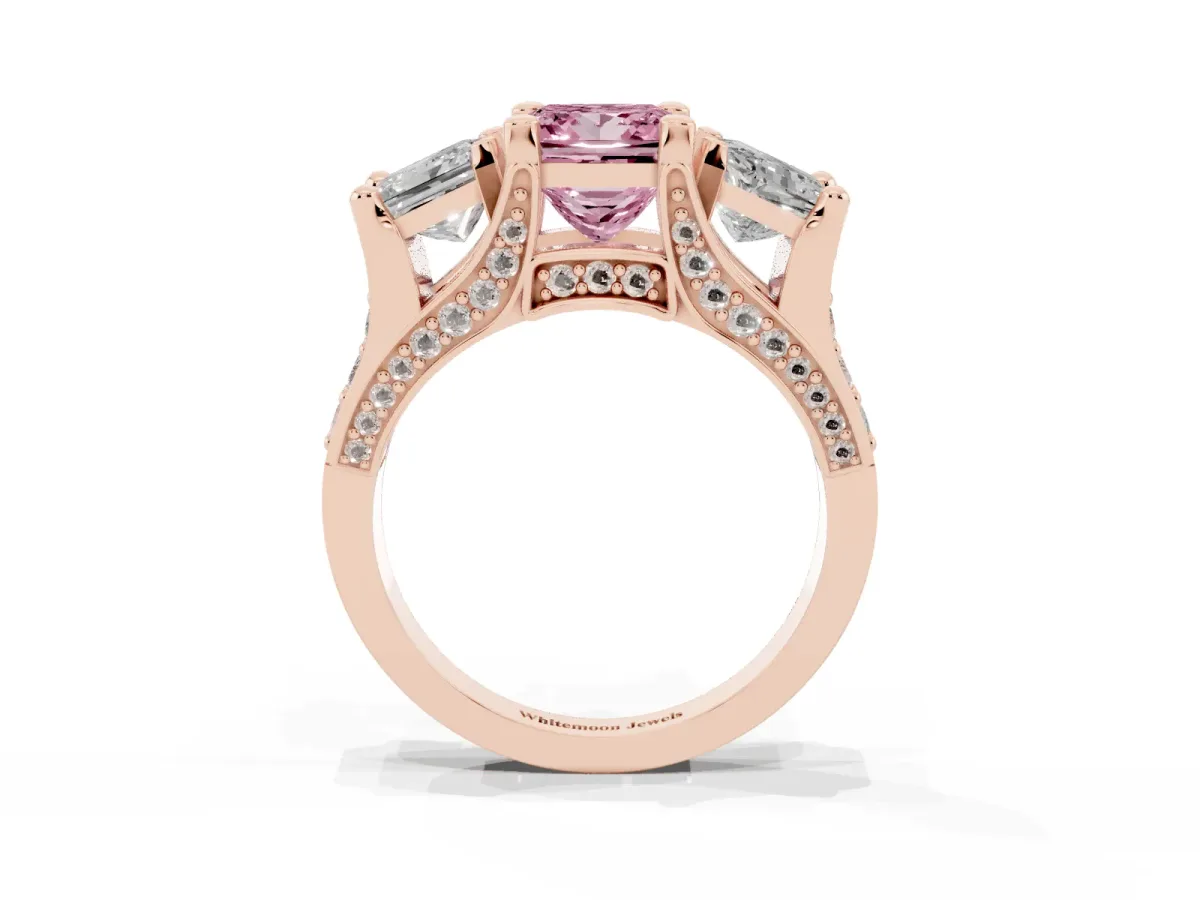 Fancy Pink Princess Cut Diamond Three-Stone Ring with Channel Set Band and Four-Prong Setting Rose gold