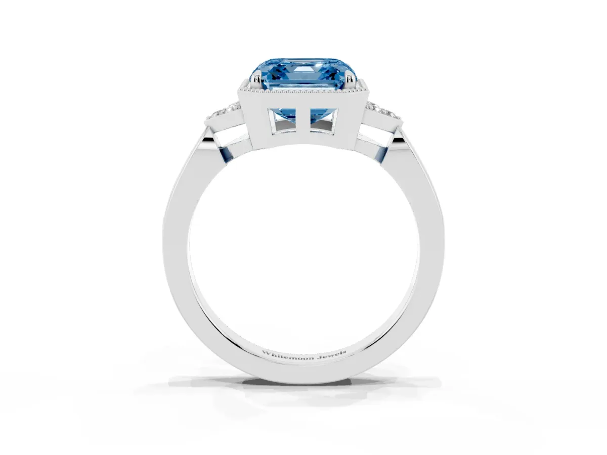 Fancy Blue Hexagonal Halo Asscher Cut Diamond Solitaire with Pavé Band and Four-Prong Setting Silver