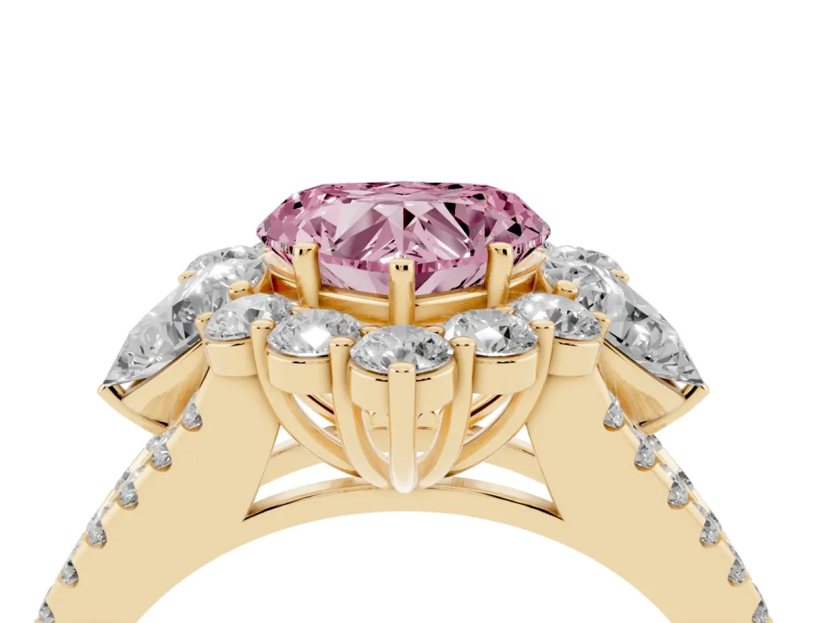 Fancy Pink Heart Cut Halo Split Shank Diamond Engagement Ring with Prong Setting Yellow gold
