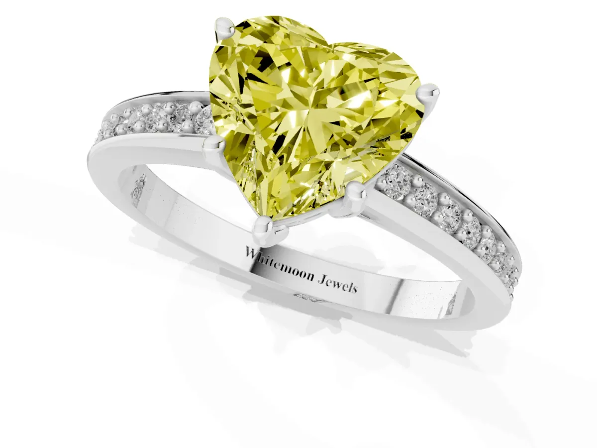 Fancy Yellow Heart Cut Solitaire Pavé Band Prong Setting Ring Platinum