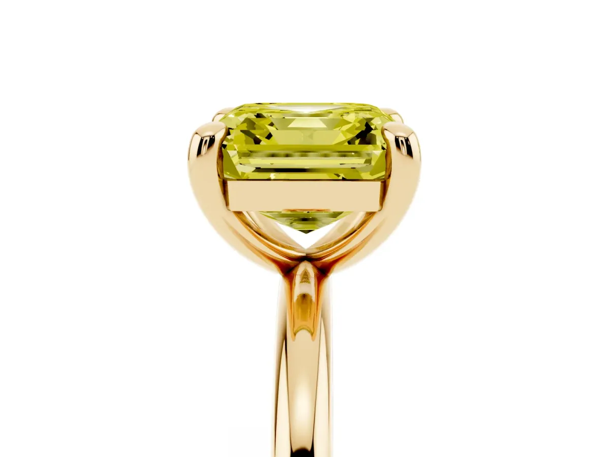 Fancy Yellow Asscher Cut Solitaire Diamond Ring with Four-Prong Setting on a Plain Band Yellow gold