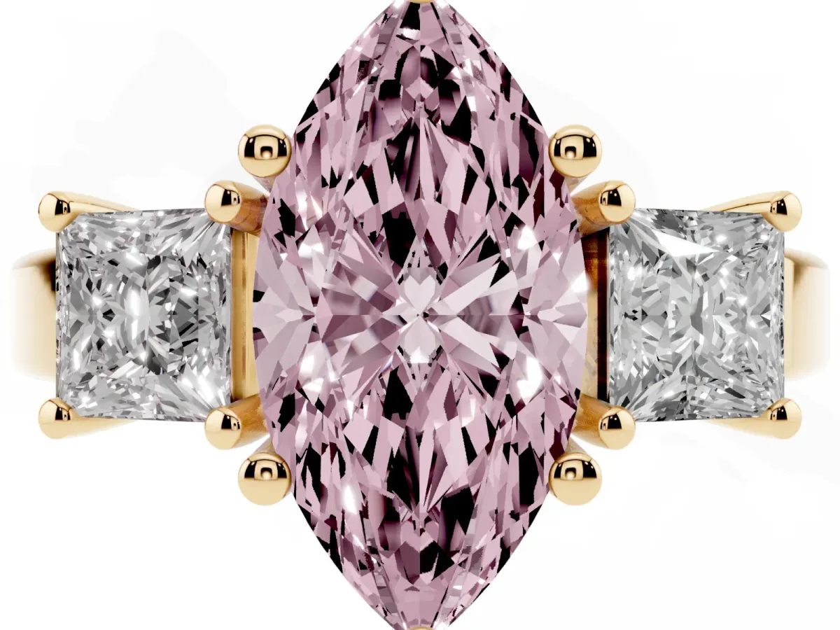 Fancy Pink Three-Stone Marquise Cut Cut Solitaire Ring with Prong Setting Yellow gold