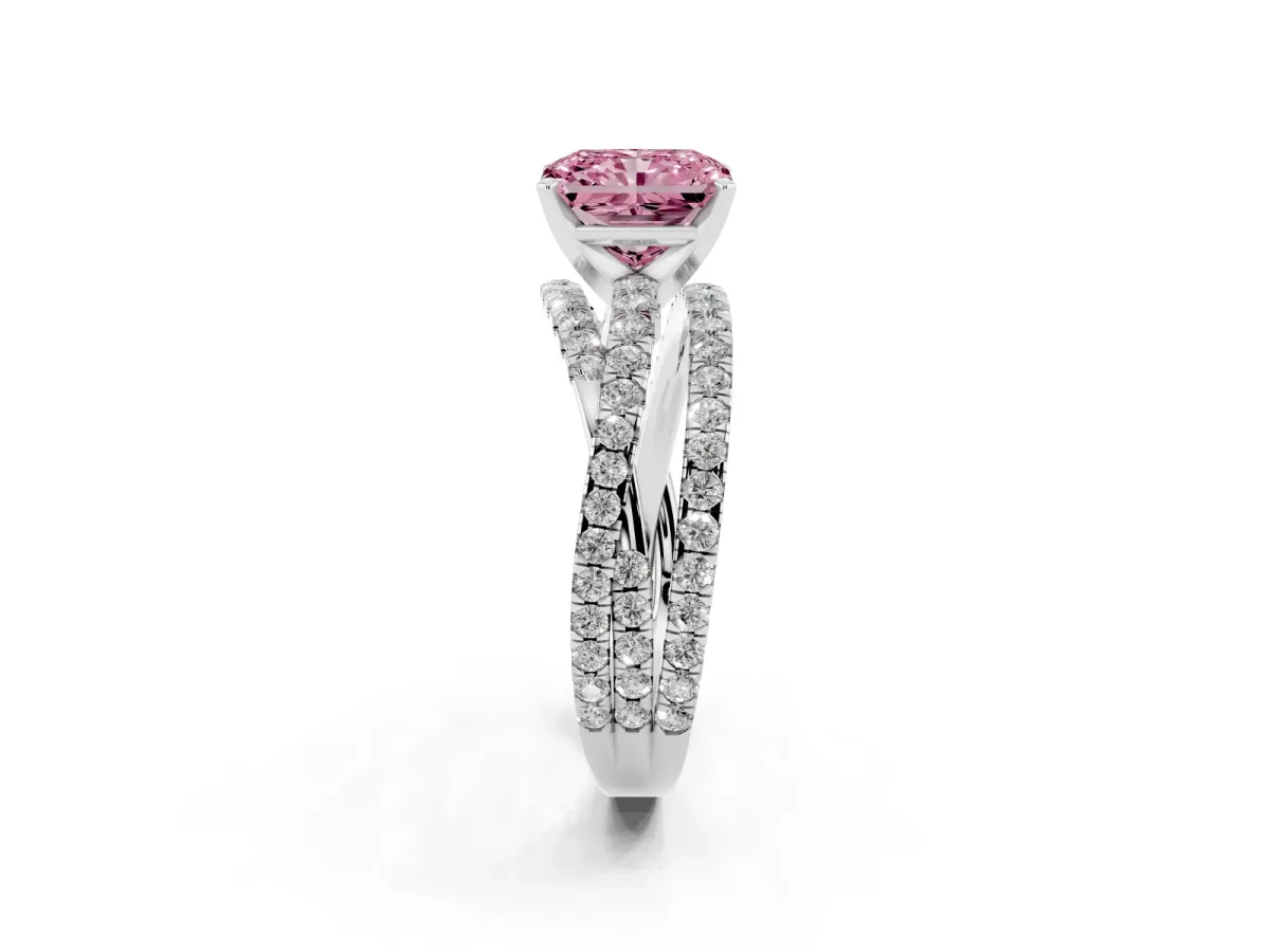 Fancy Pink Radiant Cut Solitaire Twist Band with Pavé Setting and Four-Prong Setting Silver