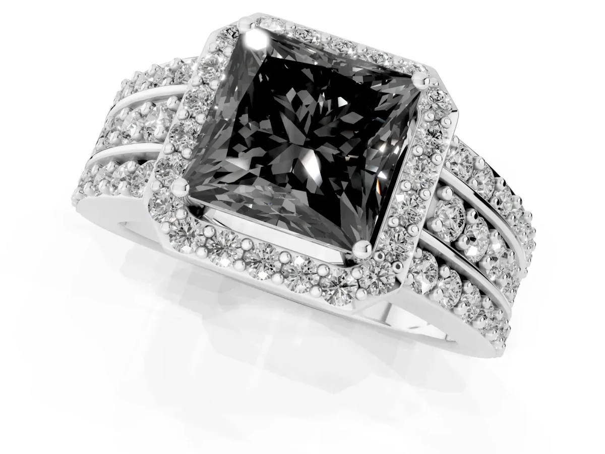 Fancy Black Princess Cut Halo Diamond Ring with Round Split Shank and Prong Setting Platinum