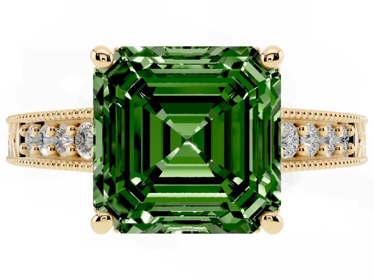 Fancy Green Asscher Cut Solitaire Pavé Diamond Milgrain Engagement Ring with Four-Prong Setting Yellow gold